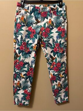 Tommy Bahama Women's Straight Leg Tropical Floral Jeans - White with Green & Red